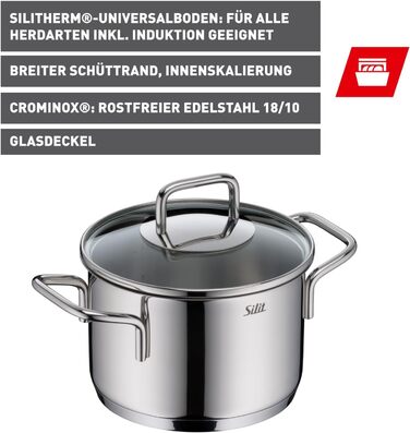 Набір кухонного посуду Silit Extra Cook: каструлі 16/20/24 см з кришкою, ковшик 16 см, мірна шкала, широке вушко, придатний для миття в посудомийній машині, з нержавіючої сталі Crominox