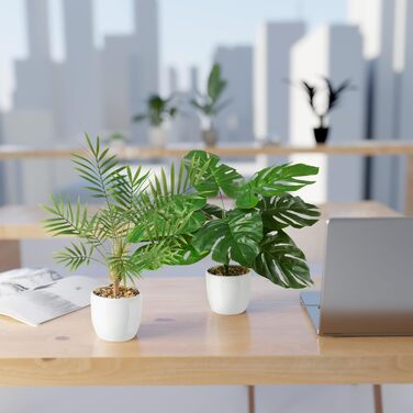 Набір штучних рослин PASCH® Monstera та арека, 35 см, у білих керамічних горщиках – декоративні штучні рослини у горщику, як справжні