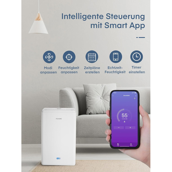 Електричний осушувач повітря FOHERE 20л/добу з Wi-Fi, для 135 м³ (50 м²), безперервний дренаж, сушка білизни, таймер, автоматичне вимкнення