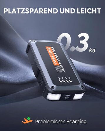 Бустер для автомобіля TREKURE 7000A: Пусковий пристрій (Powerbank) для бензинових двигунів до 9л та дизельних до 6.5л, з функцією примусового запуску, магнітним кріпленням та 4-в-1 LED робочим світлом, сріблястий