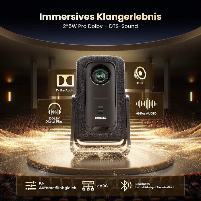 4K Smart проектор KOGATA: Короткофокусний, портативний, Dolby Audio, WiFi 6, Bluetooth 5.4 для дому, вулиці та саду