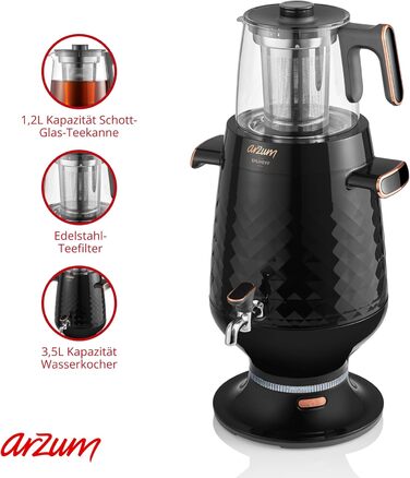 Арзум Ehlikeyf: Електричний турецький чайник, 2200W, 3.5L (водовар) / 1.2L (чайник), нержавіюча сталь, регулювання температури, захист від сухого кипіння, чорний