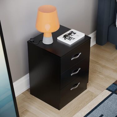 Тумба приліжкова Vida Designs Riano, 3 шухляди, чорна, металеві ручки, антидеформаційна підтримка, спальня