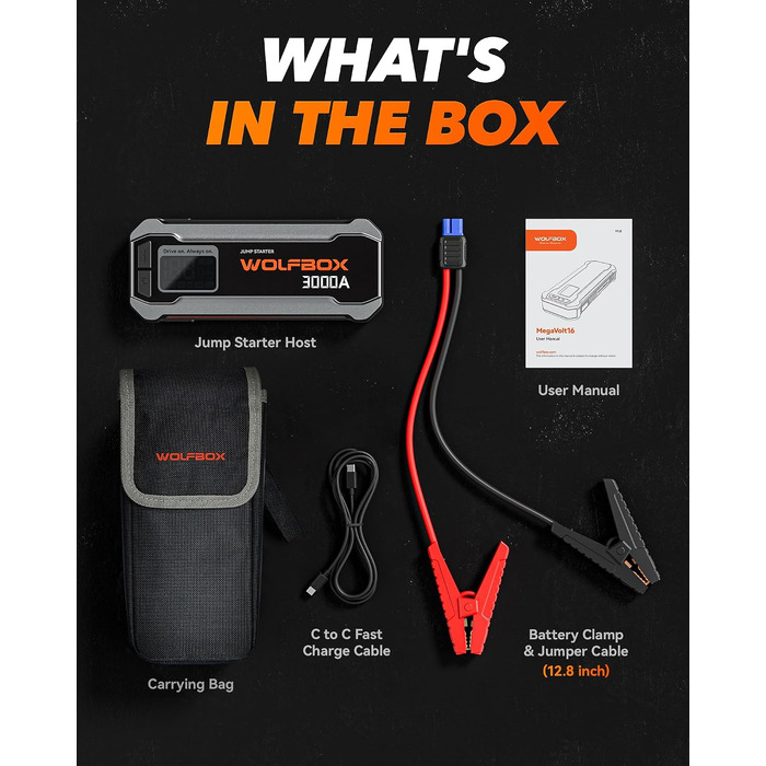 Бустер для автомобіля WOLFBOX 3000A, пусковий пристрій для 12В авто (бензин до 10л, дизель до 10л)