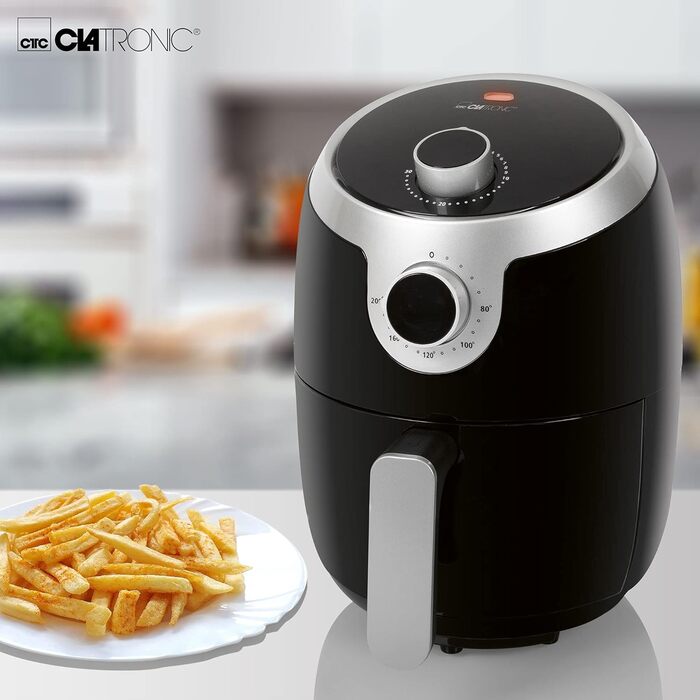 Аерофритюрниця Clatronic FR 3769 H, 1,8 л, без олії, 1000 Вт, чорна/срібляста, для картоплі фрі, курячих крилець та іншого