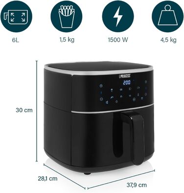 Фритюрниця Princess Digitale 6 л, 1500 Вт, 8 програм, цифровий LED-дисплей, аерофритюрниця без олії, чорна