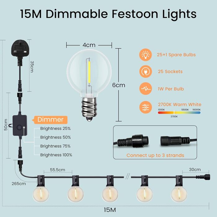 Гірлянда світлодіодна LED 15м для вулиці, водонепроникна IP65, теплий білий 2700K, 16 ламп, пластик, для саду, тераси, весіль (з димером)