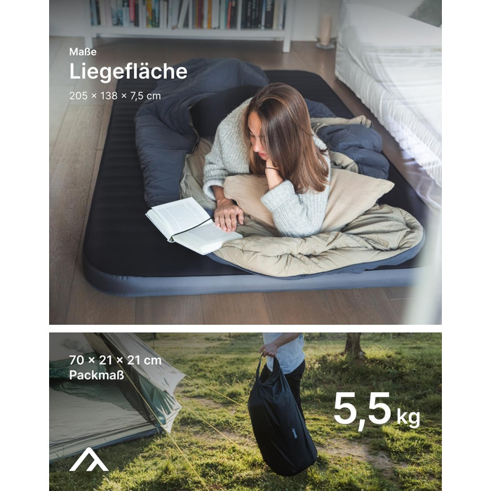Самонадувний кемпінговий килимок qeedo Cloudmat Premium — м'який матрац для сну з Soft Touch поверхнею та подвійним клапаном, Double XL, Dark Navy