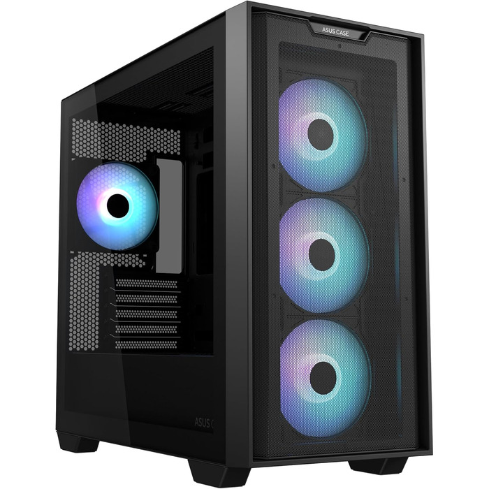 Корпус для ПК ASUS A21 Plus TG ARGB чорний microATX, з ARGB вентиляторами, сітчастою передньою панеллю, підтримкою прихованих розʼємів на материнській платі, радіатора 360 мм і відеокарт до 380 мм