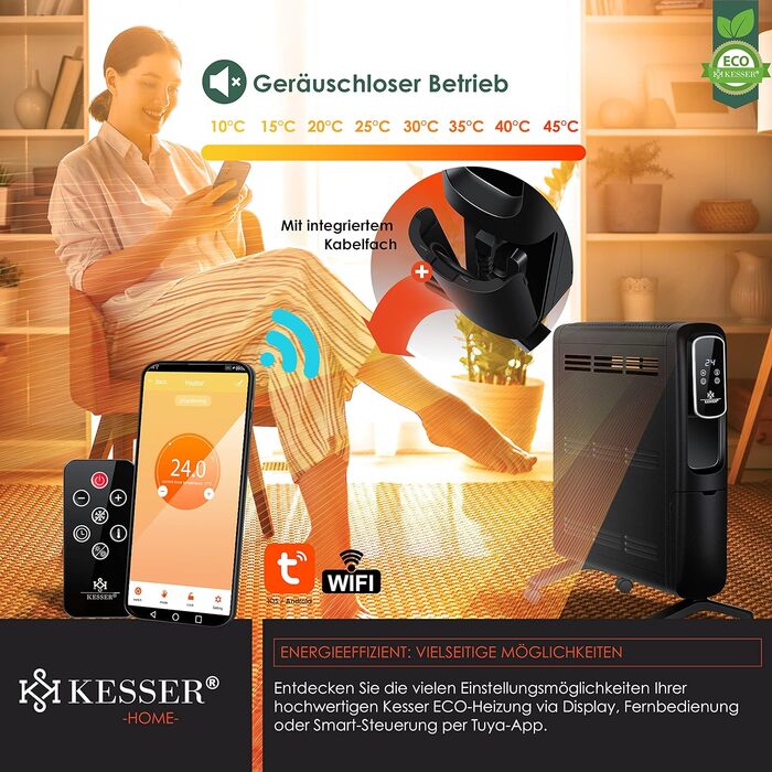 Електричний конвектор KESSER ECO 2500Вт з WiFi, термостатом, сенсорним дисплеєм, таймером, чорний, енергоощадний радіатор з додатком та пультом ДУ