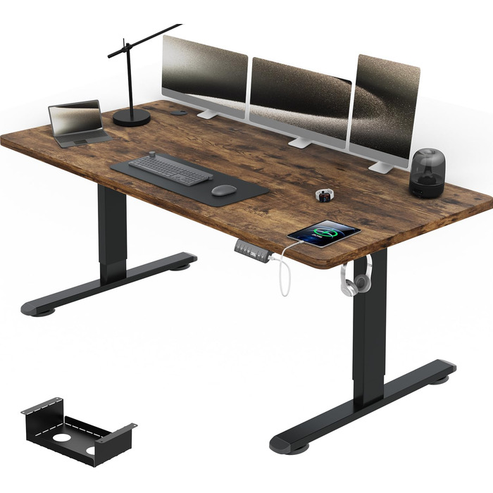 Електричний стіл Airfish 160x80 см з регулюванням висоти, USB-роз'ємом, кабель-органайзером, для офісу та комп'ютера, з нагадуванням про сидячу роботу, вінтажний коричневий