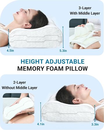 Подушка ортопедична з піни Memory Foam Elviros, регульована, для сну на боку та спині, знімний дихаючий чохол (біла)