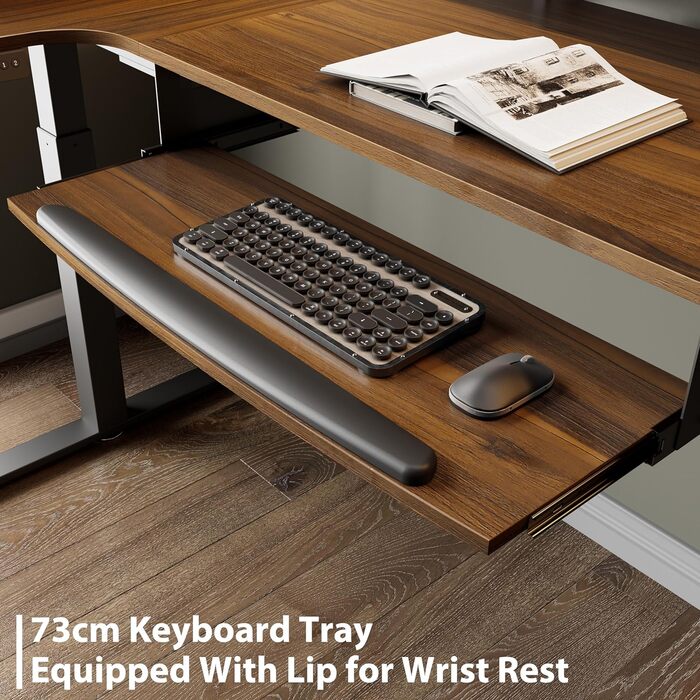 Електричний кутовий стіл для геймінгу EUREKA ERGONOMIC 155x110 см, з регулюванням висоти, клавіатурною полицею, LED-підставкою для монітора, лівий, колір горіх