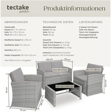 Гарнітур садових меблів tectake® з поліротангу, 12 предметів, для саду та балкону, стійкий до погодних умов, комплект: софа, крісла, стіл для 4 осіб, сірий меланж