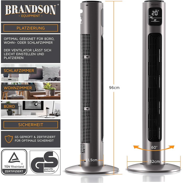 Турмовентилятор Brandson з пультом, 96 см, 3 швидкості, осциляція 60°, мобільний підлоговий вентилятор, титановий сірий, преміум якість, переможець 2025 року