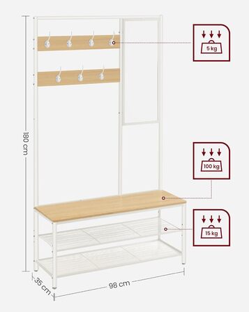 Стійка для одягу VASAGLE з дзеркалом та банкеткою, 35 x 98 x 180 см, для передпокою, спальні, вітальні, індустріальний дизайн, vintagebraun- schwarz, з полицею для взуття