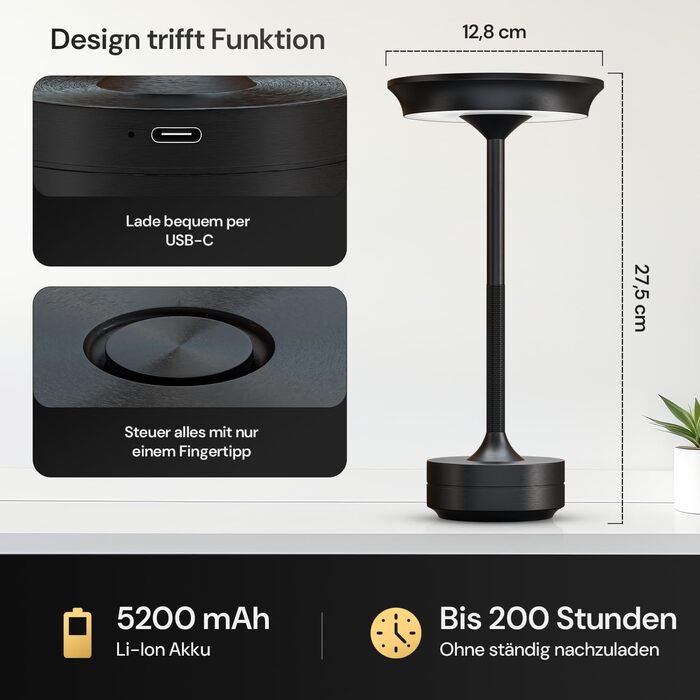 LED настільна лампа Designgold бездротова - стильний дизайн з акумулятором та USB-C - 3 кольори світла та регулювання яскравості - бездротова свобода для використання в приміщенні та на вулиці - акумуляторна, чорна