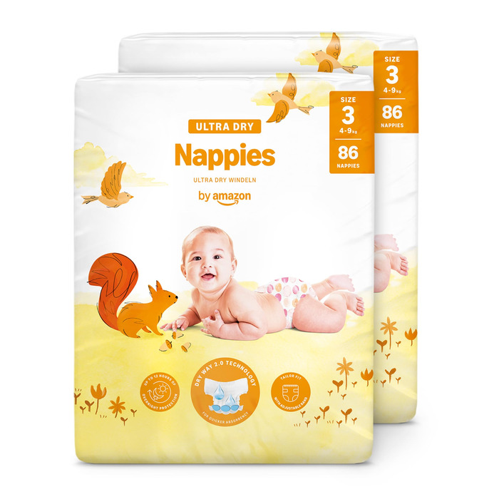 Підгузки By Amazon Ultra Dry, розмір 3 (4-9 кг), білі, 172 шт (набір 2х86 шт), місячний запас