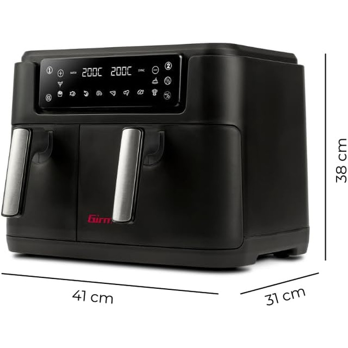 Аерофритюрниця Girmi FG26 Ecofrit Bis з двома зонами приготування, 9 л, 2400 Вт, цифровий дисплей, антипригарне покриття, чорна