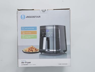 Aigostar Cube аерофритюрниця 7 л XXL, 1900 Вт, 7 програм, LED-екран, без олії, для 6-10 осіб, чорна