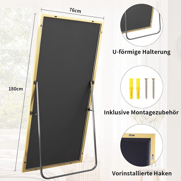 Дзеркало підлогове велике BEAUTYPEAK 76x180 см, повнорозмірне, настінне/підлогове, золоте, для спальні, вітальні, гардеробної