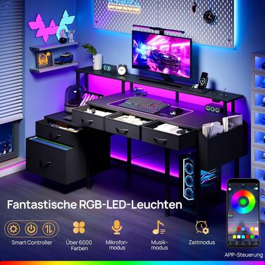 Письмовий стіл Rolanstar з розеткою, 5 шухлядами, LED підсвіткою, органайзером та підставкою під монітор. Кутовий комп'ютерний стіл для дому та геймінгу (Чорний)