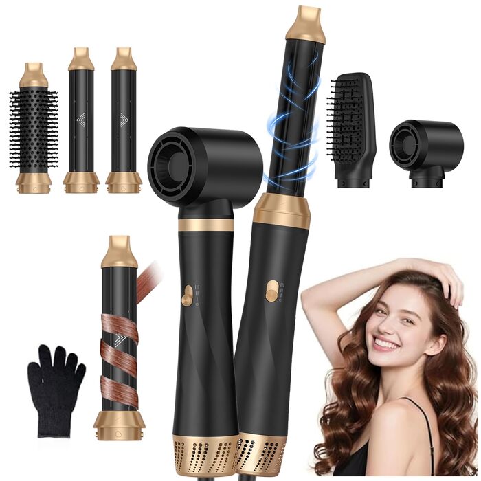 Мультистайлер для волосся 5-в-1 Faltbarer Airstyler з ефектом Коанда, високошвидкісний стайлер-фен з іонізацією та набором насадок (брашинг, локони), складаний, сріблясто-чорний