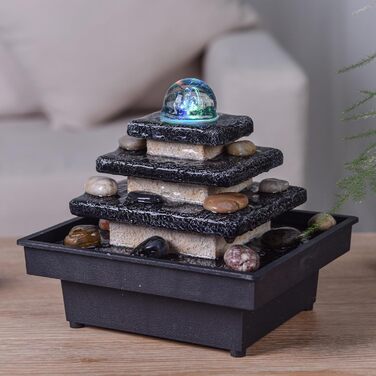 Настільний фонтан-каскад Eka Zen'light у вигляді храму зі сходами та кольоровою підсвіткою, бежево-чорний, 18x20x18 см — ديكоративний Zen-фонтан для релаксації