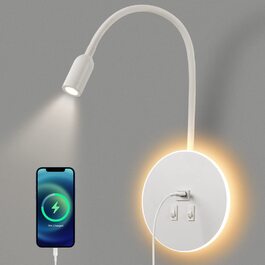 Світлодіодна настінна лампа для читання AWEKLIY з гнучкою ніжкою, USB-заряджання, перемикач, регульований світильник для спальні, 3W 3000K + 8W 6000K, біла