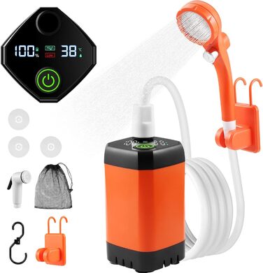 Портативна душова кабіна Towwoo для кемпінгу з акумулятором 6000mAh, з насосом та індикатором температури/потужності, для відпочинку, подорожей, автомийки, помаранчевий колір