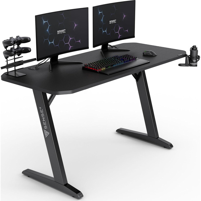 Ігровий стіл SENSE7 Nomad Basic 140x60 см, комп'ютерний стіл з гачком для навушників, підстаканником, тримачем для контролера, ергономічний, карбонова поверхня
