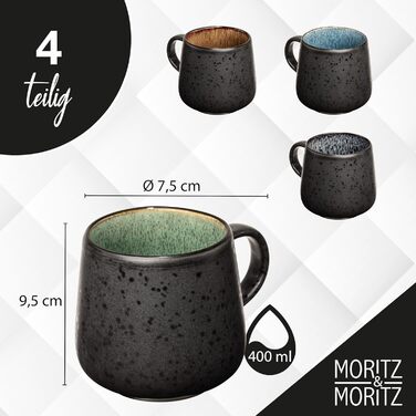 Набір з 4 чашок Moritz & Moritz SOLID - кольорові, чорний екстер'єр, з кераміки, для кави, чаю, мікрохвильова піч, безпечно мити в посудомийній машині