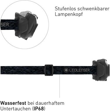 Налобний ліхтар Ledlenser HF4R Core, LED, 500 люмен, акумуляторний, водонепроникний IP68, з червоним світлом, чорний, для туризму та спорту