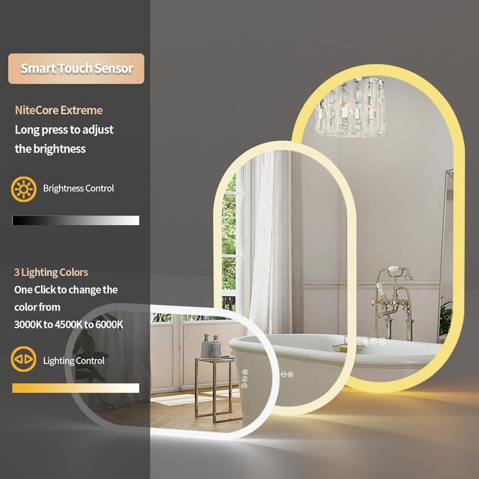Дзеркало для ванної кімнати LUVODI овальне зі світлом, 50x80 см: LED, сенсорне керування, антизапар, 3 кольори, регулювання яскравості, пам'ять