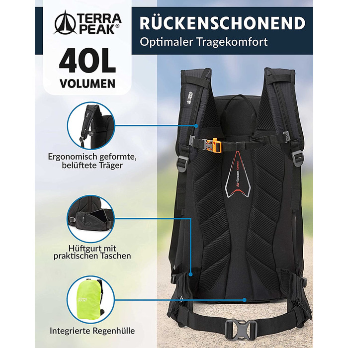 Туристичний рюкзак Terra Peak Flex 40L чорний, з вентиляцією спини, регочохлом і кріпленням для питної системи, 3D Air Mesh, для походів, з поясом, преміум-якість