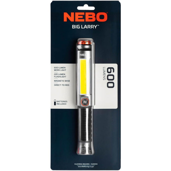 Ліхтар NEBO Big Larry 3, 600 люмен, робочий COB-ліхтар із магнітною підставкою та кліпсою, портативний LED-ліхтар, регульована яскравість, червоне аварійне світло