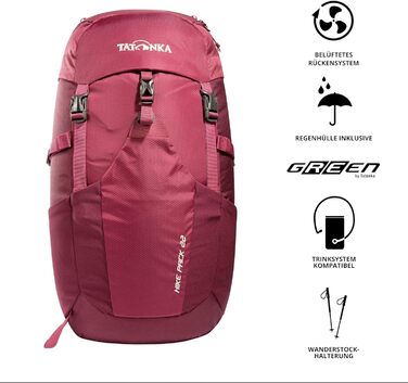 Рюкзак для туризму Tatonka Hike Pack 22 л з вентильованою спинкою та дощовиком, легкий і зручний, бордовий