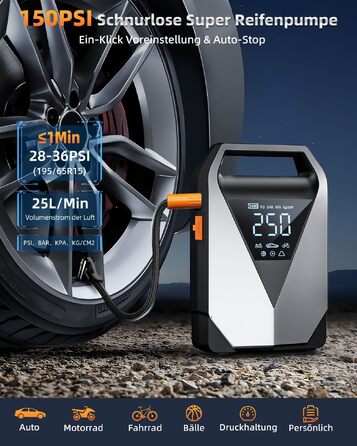 Пусковий пристрій Powerbank з компресором 6в1, бустер для авто 3000А 150PSI для 12В акумуляторів, автозапуск з LCD-екраном, QC3.0 та LED-ліхтарем (для всіх бензинових та дизельних двигунів до 8л)