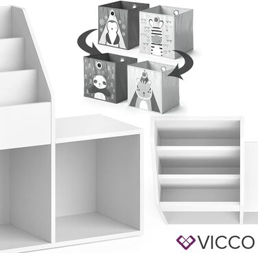 Дитяча книжкова полиця Vicco Luigi, біла, 72x79 см, з 2 текстильними коробками Panda/Tiger