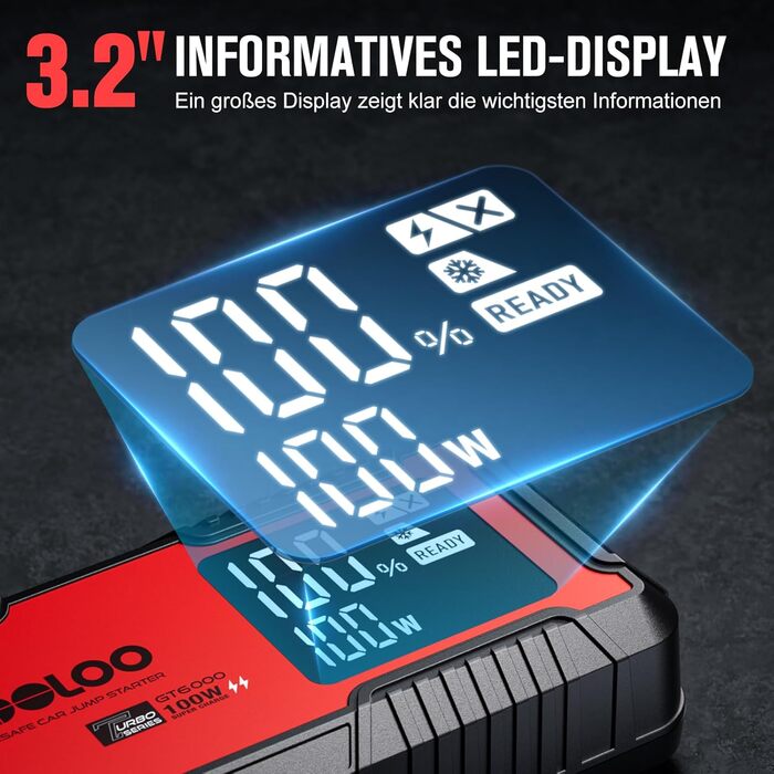 Powerbank-пусковий пристрій GOOLOO GT6000: 6000A, LED-ліхтарик, екран 3.2"