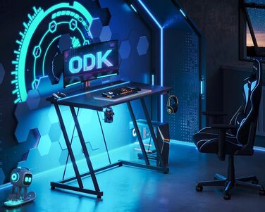 Ігровий стіл ODK 80x50 см з LED підсвіткою, чорний карбон: стіл для геймерів з тримачем для навушників та підставки для напоїв