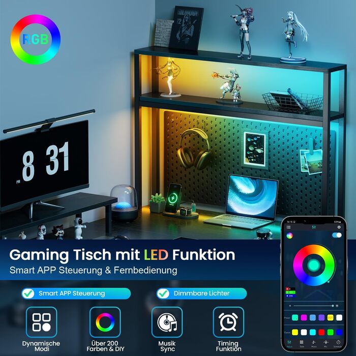 Ігровий стіл L-подібний 170x100 см з LED, 3 розетки, 2 USB, стіл для геймінгу та офісу, чорний