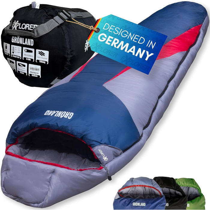 Спальний мішок EXPLORER® GRÖNLAND -23°C, 3-4 сезони, мумія, 350GSM, для дорослих, 230x82x55 см, 1900 г, синій, лівий замок, для кемпінгу, туризму, подорожей