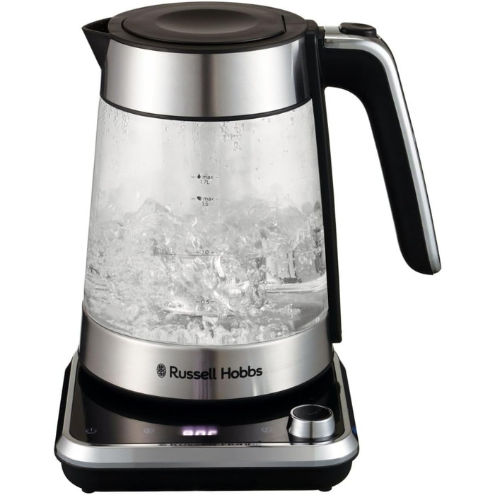 Скляний електрочайник Russell Hobbs Attentiv 26200-70 з регулюванням температури (40-100°C), ситом для чаю, цифровим керуванням та функцією підігріву, 1.7л, 2400Вт, нержавіюча сталь