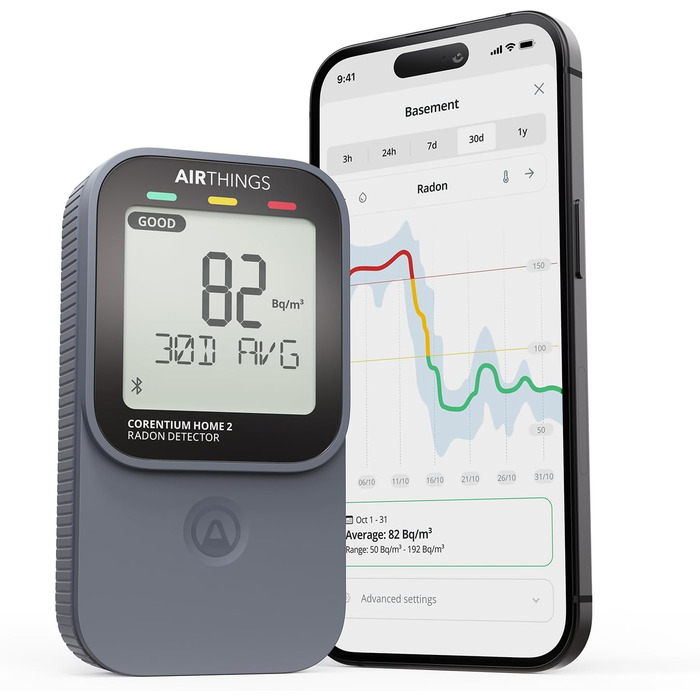 Airthings 325 Corentium Home 2: Радіометр радону з Bluetooth, датчики вологості та температури, портативний