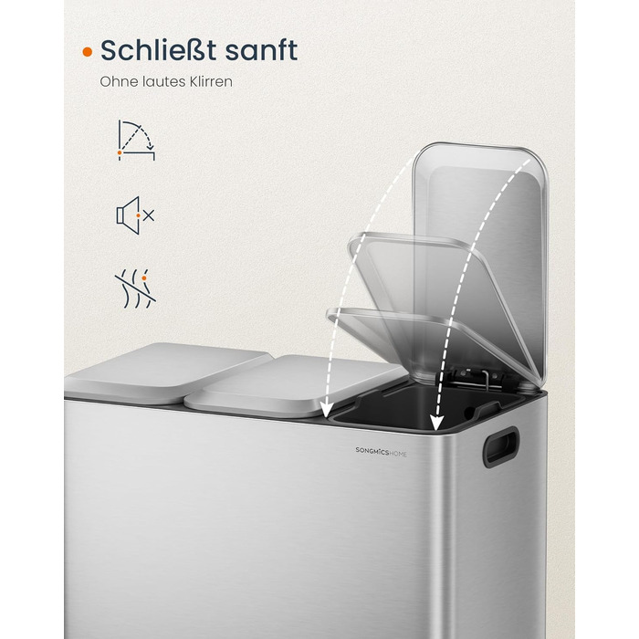 Сортувальний смітник SONGMICS HOME для кухні, 3×15 л, сталевий, з кольоровими педалями, кришками та внутрішніми відрами, металік