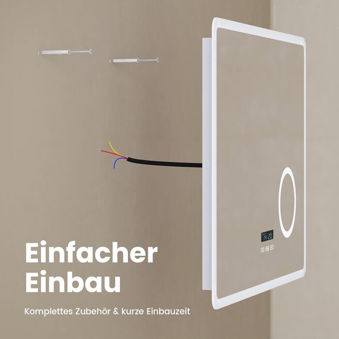 EMKE® LED дзеркало для ванної кімнати 80x60 см з підсвічуванням, регулюванням, годинником та Bluetooth, IP44, 3 кольори світла