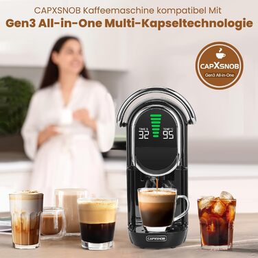 Кавомашина Magician1 Mini Kapselmaschine 5in1 для капсул Nespresso, Dolce Gusto, Lavazza A Modo Mio, ESE 44 та кавової гущі | 20 бар, 1450 Вт, LED-дисплей, 7 рівнів води | для дому та офісу (Чорний)
