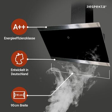 Похила витяжка Respekta CH89060S 90 см, скло та нержавіюча сталь, режим відведення та рециркуляції повітря, клас A++, чорна