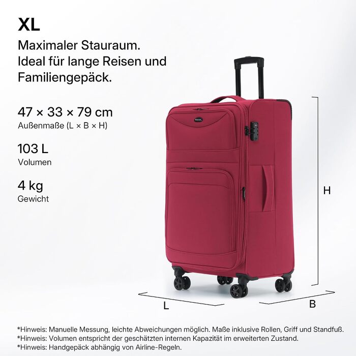 Валіза Münicase XL (79 см) з тканини, розширювана (+15% об'єму), з передніми кишенями, TSA-замком та подвійними колесами 360°, винно-червона
